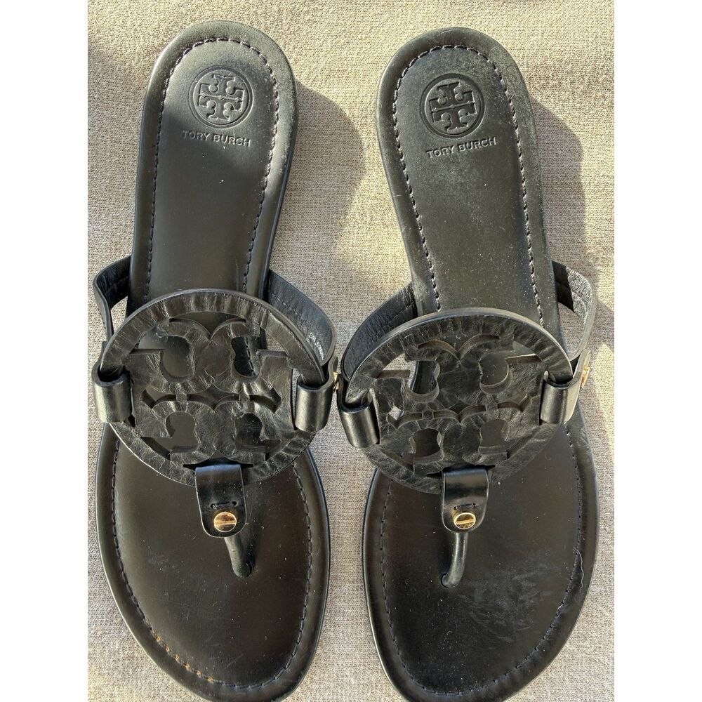 Tory Burch Sandals Womens Size 11 Black Miller Logo Leather Slip On Flats - Picture 2 of 5